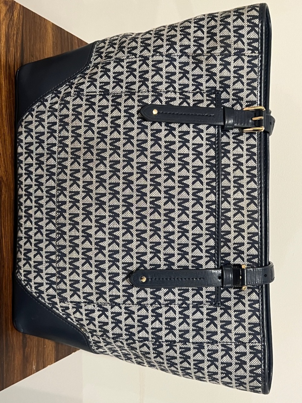 Michael Kors Aria LG Tote Bag Navy Signature MK Monogram Large Shoulder Bag - Picture 7 of 12
